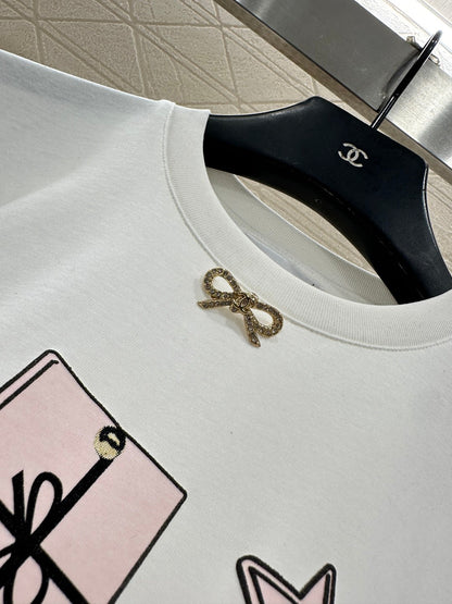 Round Neck Flocked Bow T-Shirt