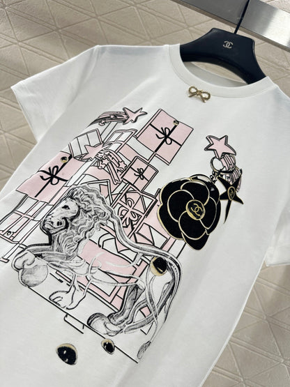 Round Neck Flocked Bow T-Shirt