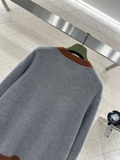 Color-blocked Crew Neck Knit Cardigan