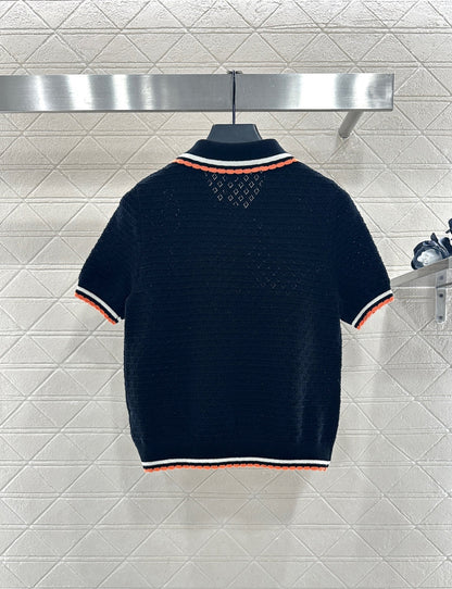 Color-blocked Collared Knit Short-Sleeve T-Shirt