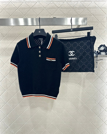 Color-blocked Collared Knit Short-Sleeve T-Shirt