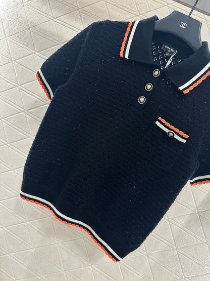 Color-blocked Collared Knit Short-Sleeve T-Shirt