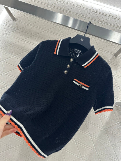 Color-blocked Collared Knit Short-Sleeve T-Shirt