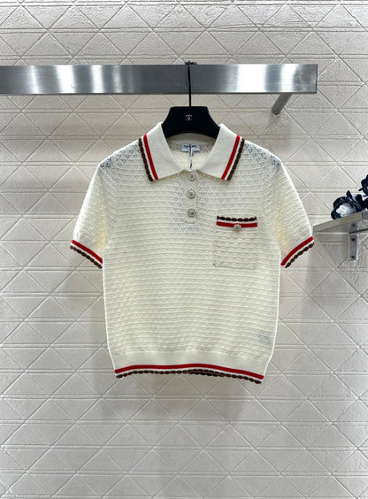 Color-blocked Collared Knit Short-Sleeve T-Shirt