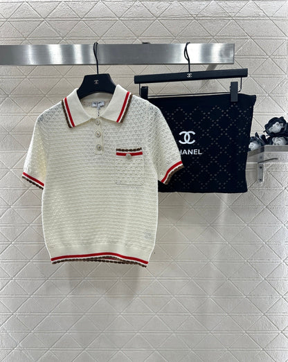 Color-blocked Collared Knit Short-Sleeve T-Shirt