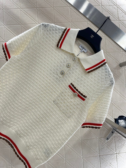 Color-blocked Collared Knit Short-Sleeve T-Shirt