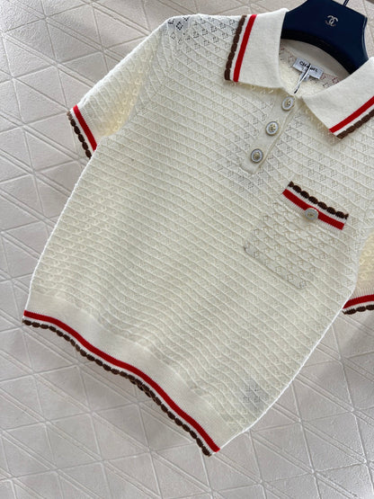 Color-blocked Collared Knit Short-Sleeve T-Shirt