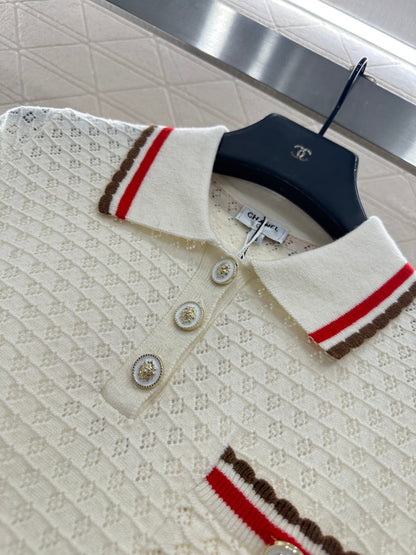 Color-blocked Collared Knit Short-Sleeve T-Shirt