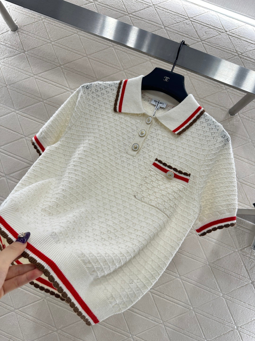 Color-blocked Collared Knit Short-Sleeve T-Shirt