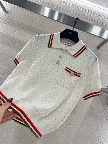 Color-blocked Collared Knit Short-Sleeve T-Shirt