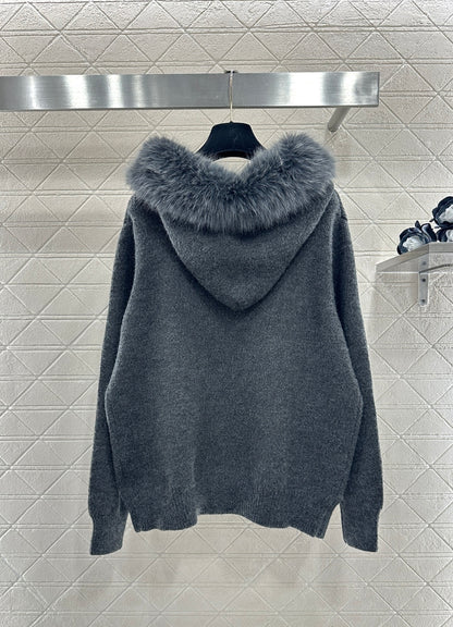 Fur-trimmed zip-up knit set