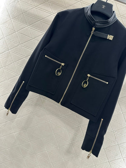 Zipper-front Leather Collar Jacket