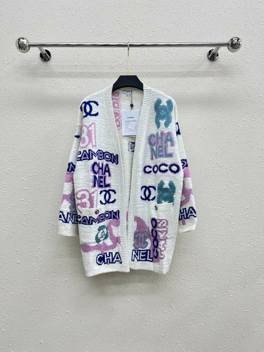 25 new contrast color jacquard pocket V-neck long sleeve long knitted jacket