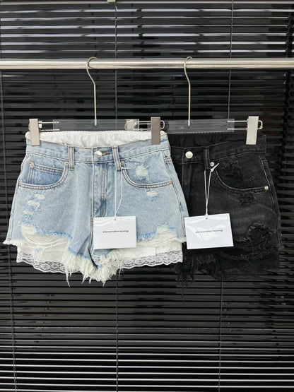 25ss fake two-piece lace lined ripped shorts