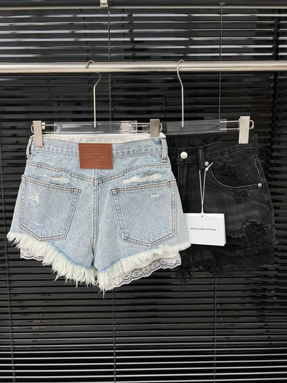 25ss fake two-piece lace lined ripped shorts