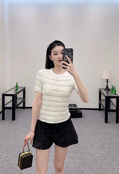 25 Early Spring New Embroidered Bubble Texture Knitted Short Sleeves