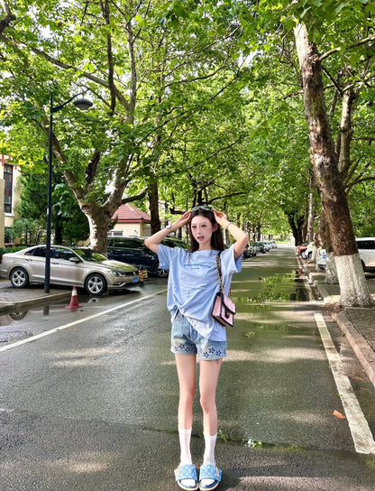 25 Summer Embroidered Camellia Craft Denim Shorts