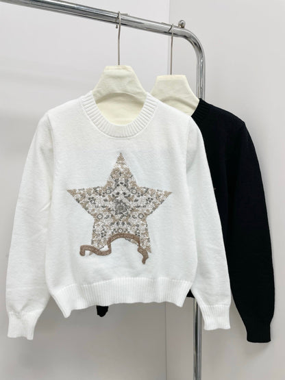25 new classic five-pointed star embroidery round neck sweater
