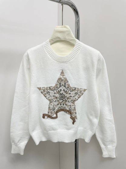 25 new classic five-pointed star embroidery round neck sweater