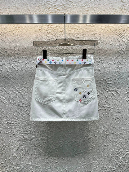 25 Summer New Embroidered Letters Washed Denim Skirt (With Belt)