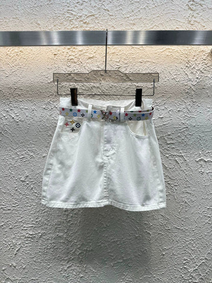 25 Summer New Embroidered Letters Washed Denim Skirt (With Belt)