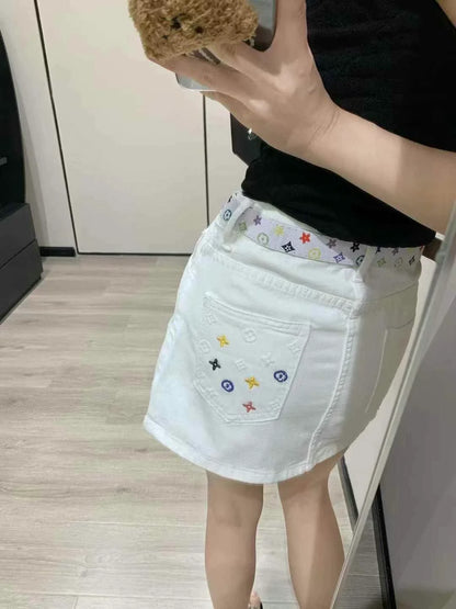 25 Summer New Embroidered Letters Washed Denim Skirt (With Belt)