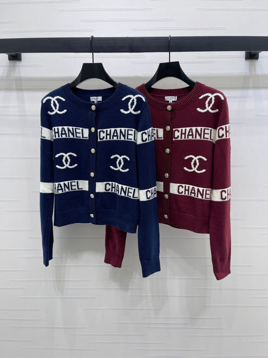 25fw Striped crochet round neck long sleeved cardigan