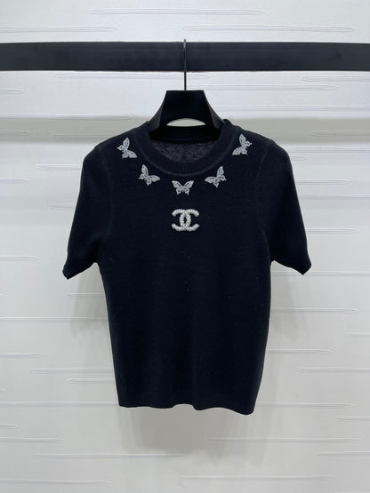 25fw Butterfly Embroidered Knitted Short Sleeve