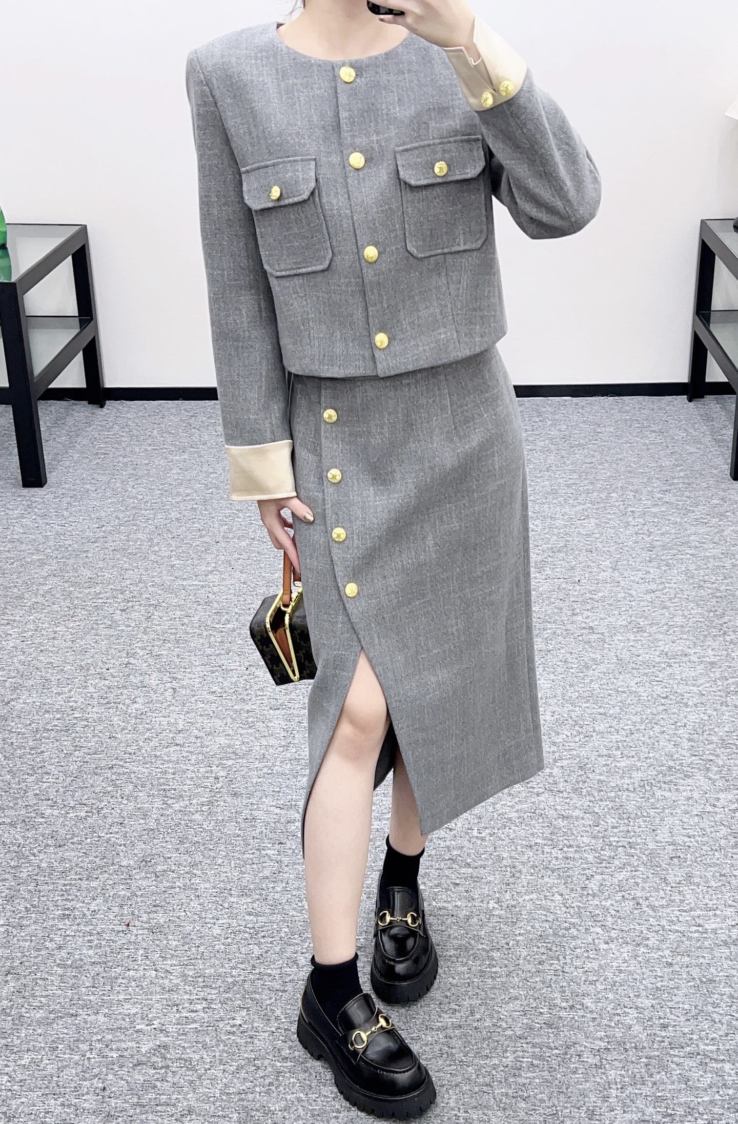 Round neck patchwork sleeve jacket half skirt set