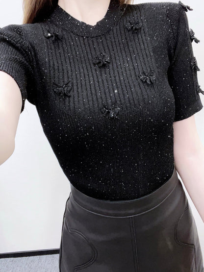 Camellia bead round neck short sleeved shirt