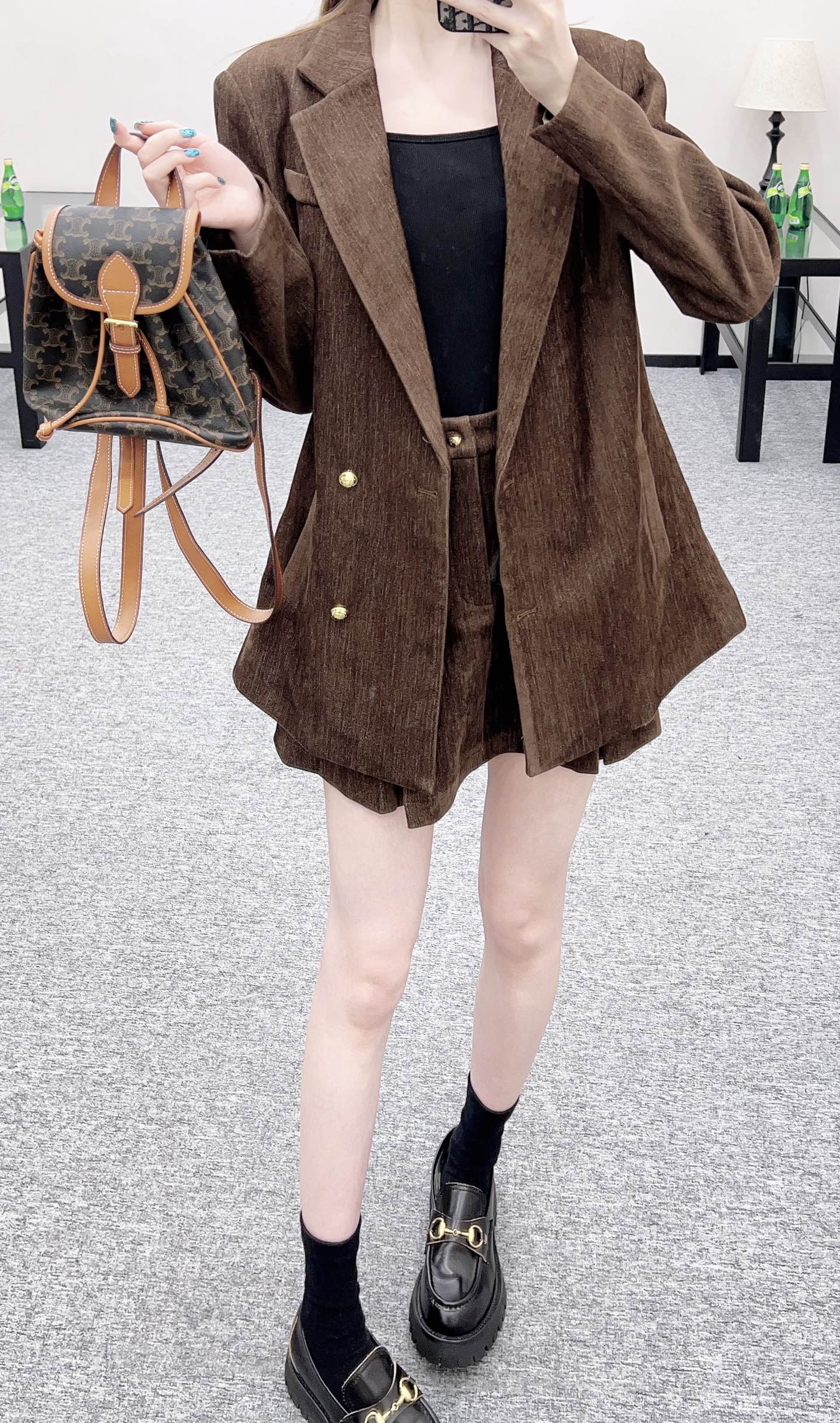 Collar suit waist chain pleated short skirt set