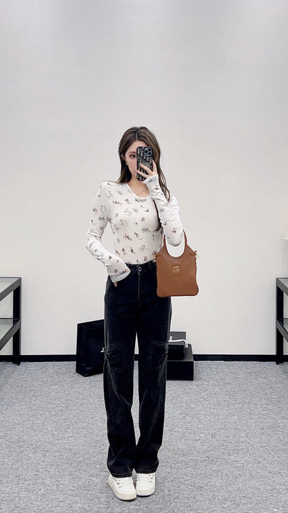 Bow tie denim straight leg pants