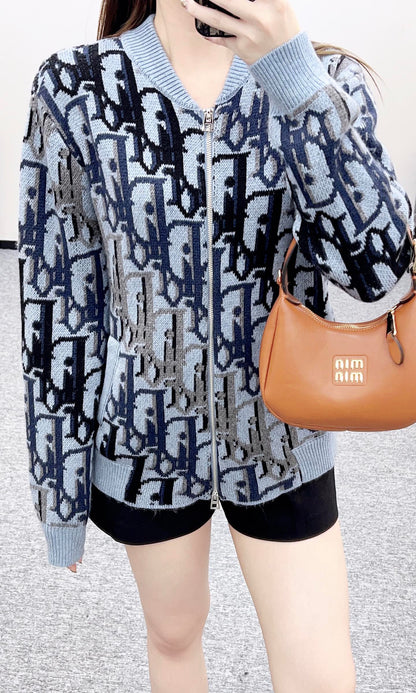 Jacquard knitted zipper cardigan