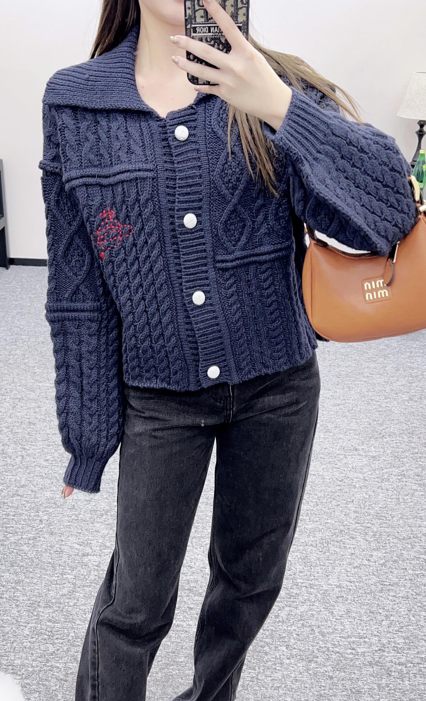 Collar Embroidered Knitted Coat