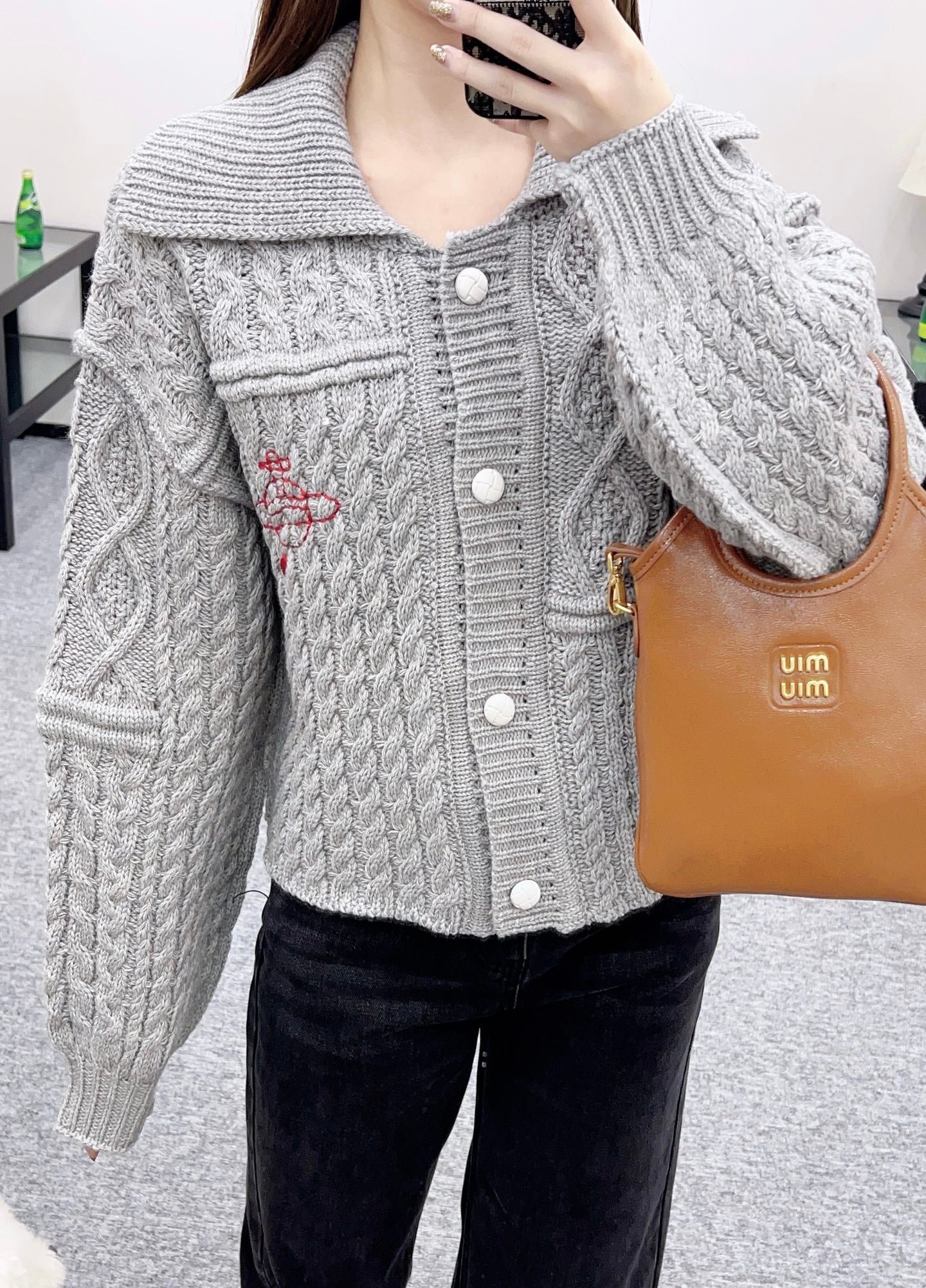 Collar Embroidered Knitted Coat