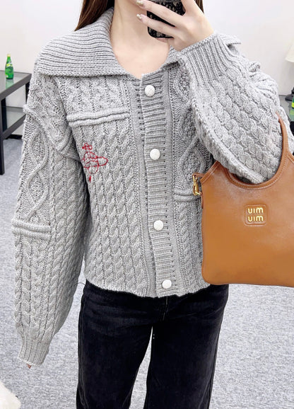 Collar Embroidered Knitted Coat