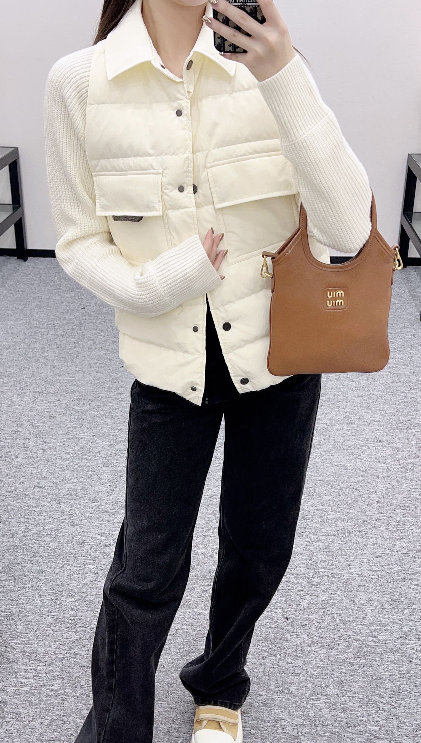 Knitted patchwork lapel down jacket