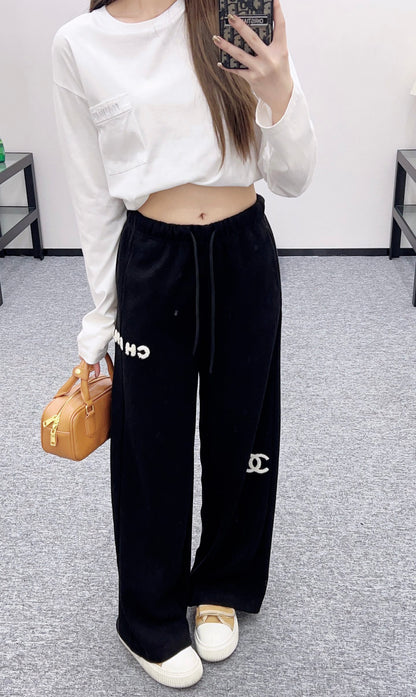 Plucked letter high waist wide leg pants
