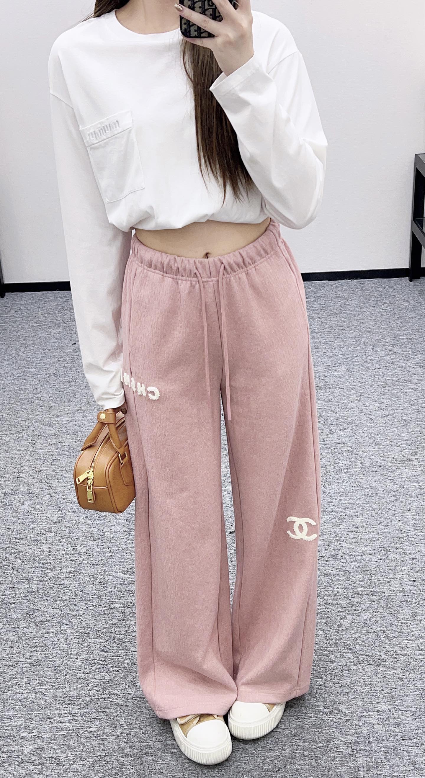 Plucked letter high waist wide leg pants