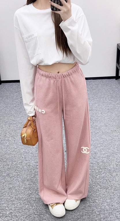 Plucked letter high waist wide leg pants