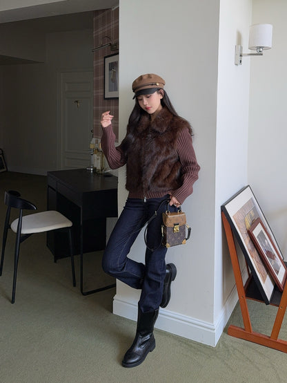 Fox fur patchwork lapel jacket