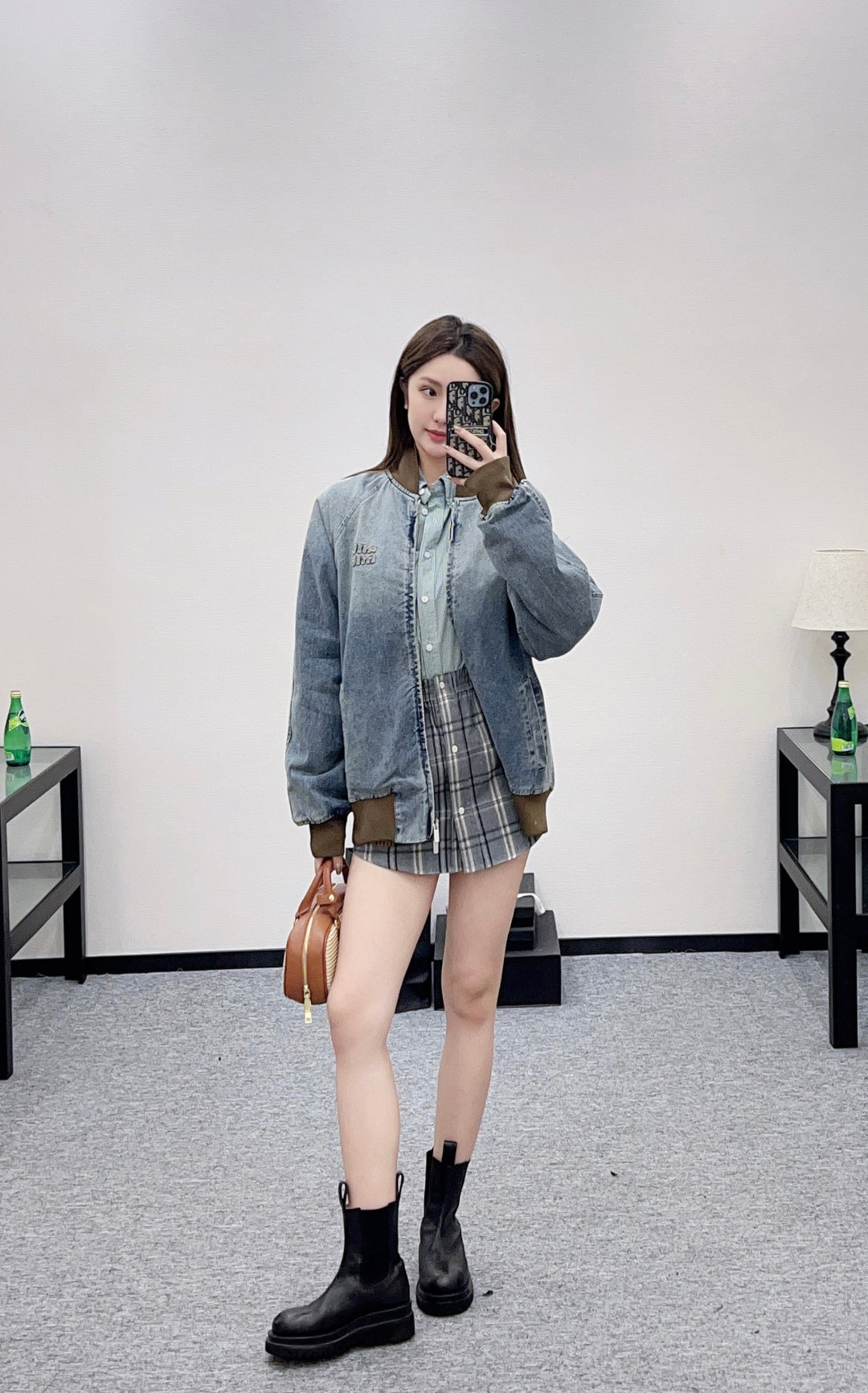 Color blocked threaded zipper denim cotton jacket