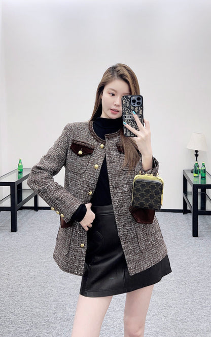 Round neck tied edge woven dress jacket