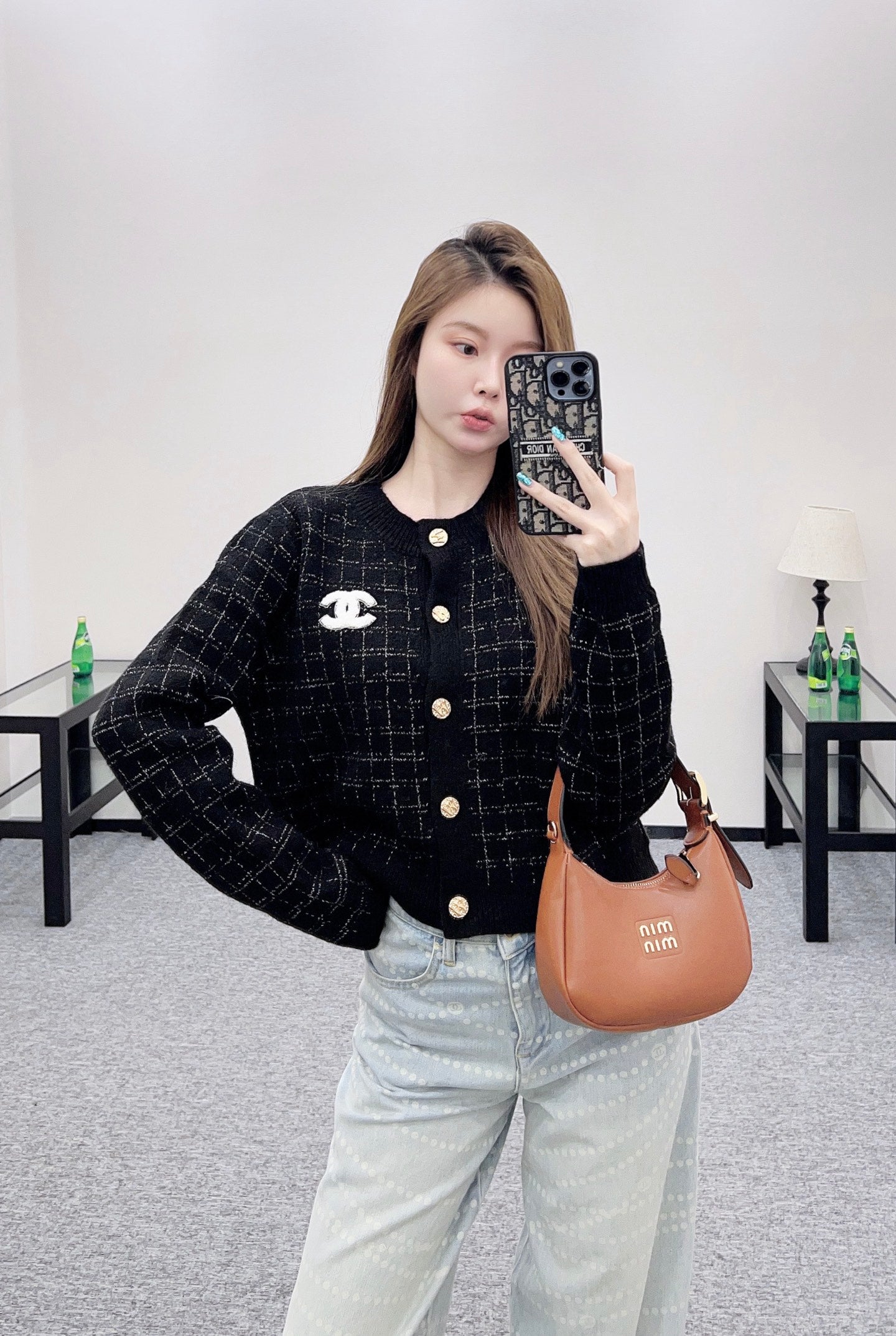 Silver plaid knitted cardigan