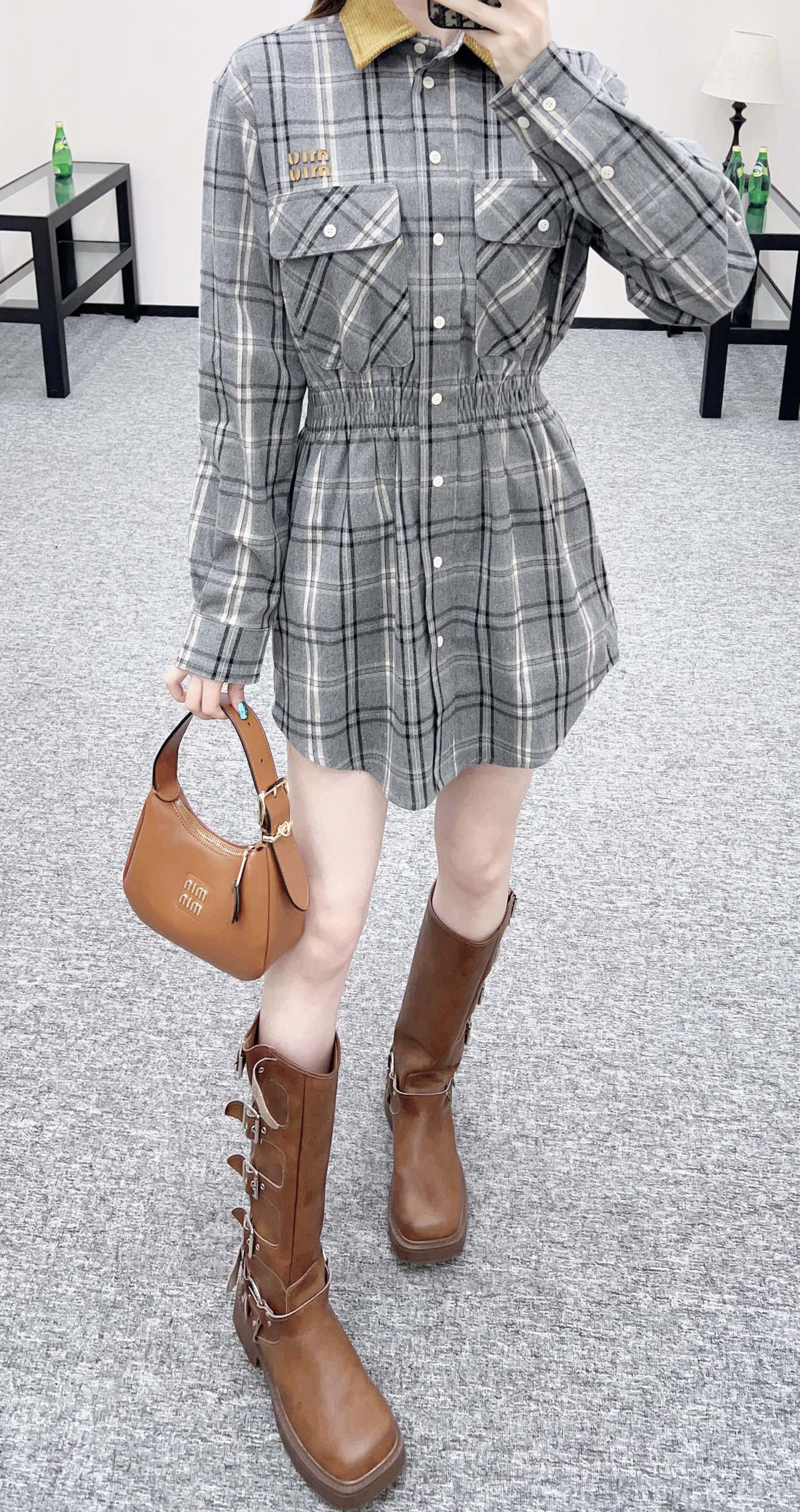 Pair plaid waist cinched shirt skirt