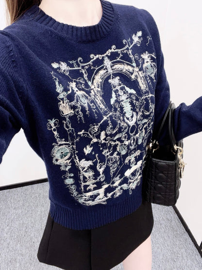 Embroidered knitted pullover sweater
