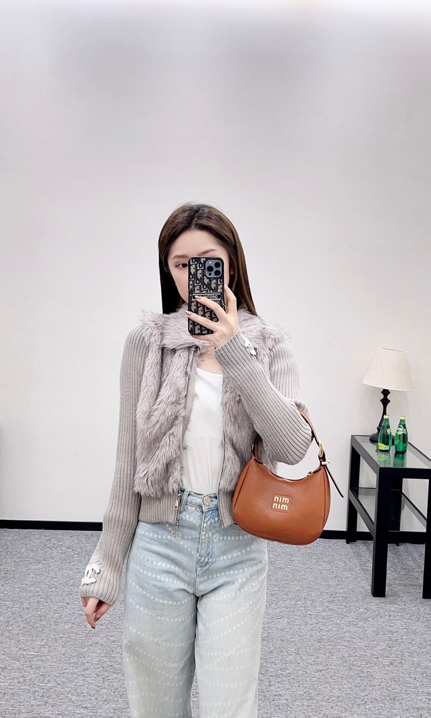 Knitted patchwork lapel fur jacket