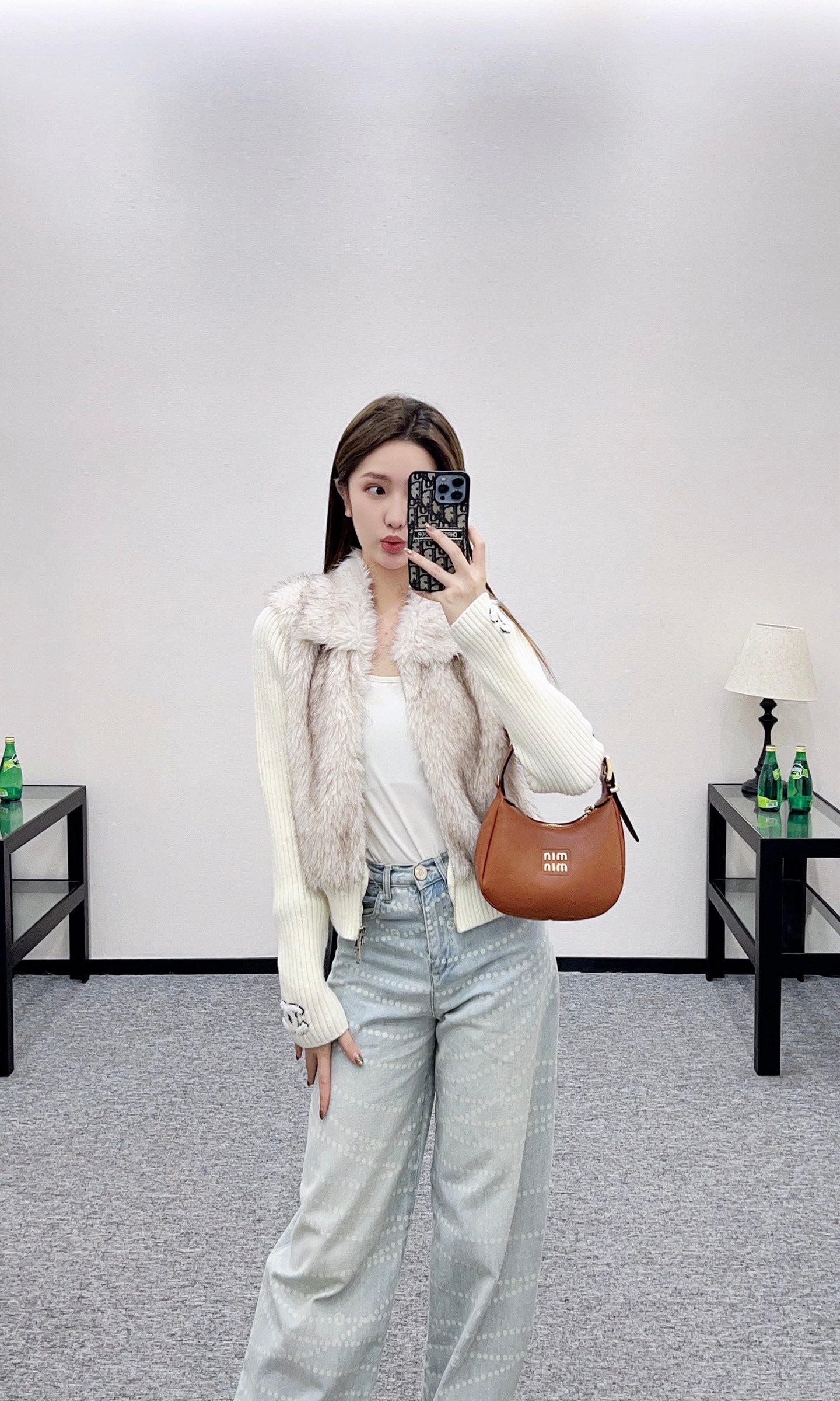 Knitted patchwork lapel fur jacket