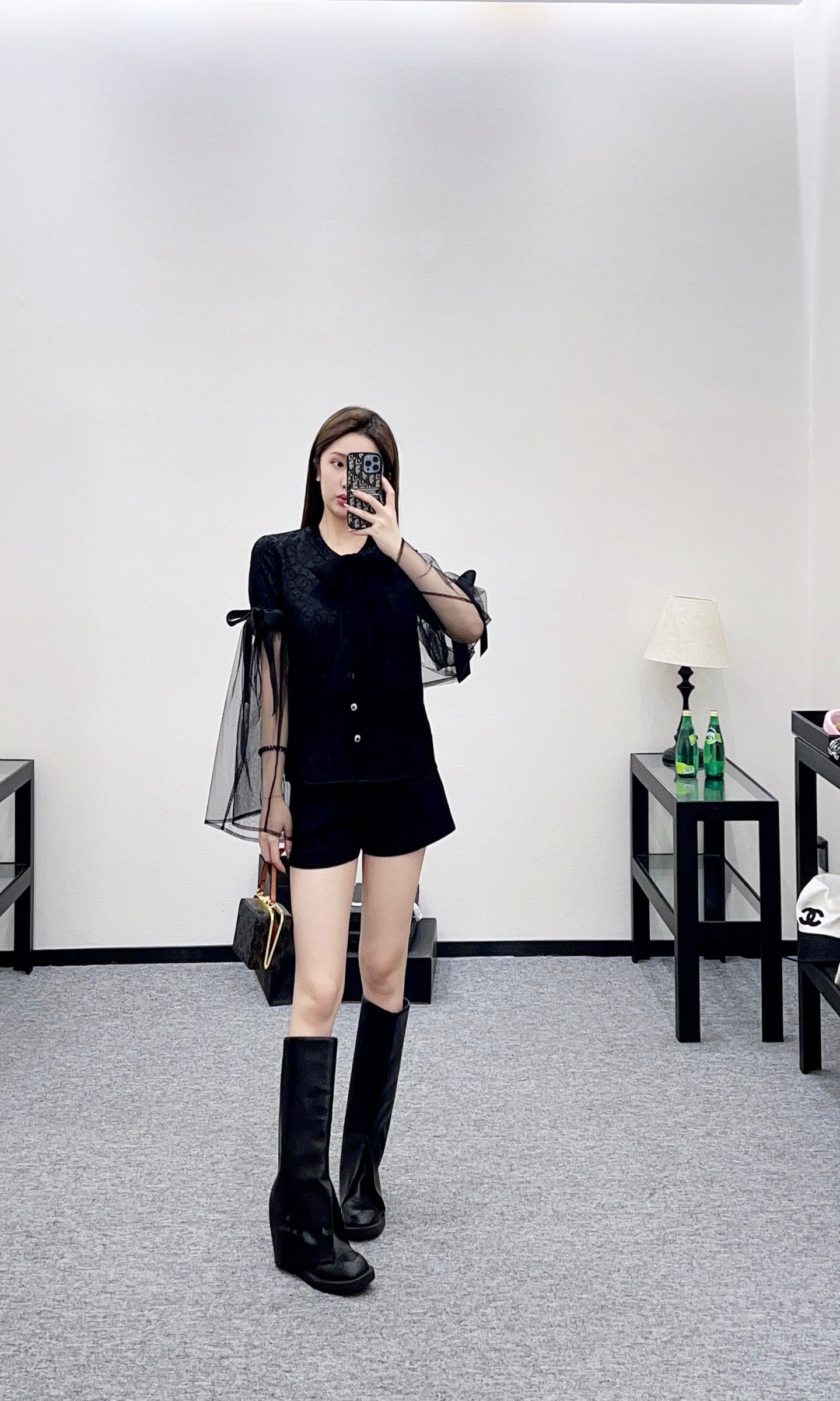 Round neck jacquard bow spliced top