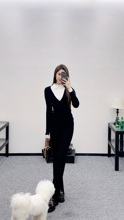 Color blocking fake two-piece knitted top